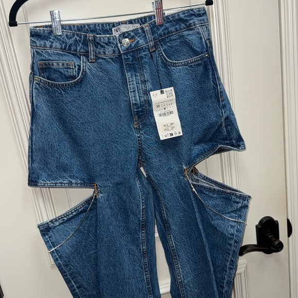 Zara MID WAIST STRAIGHT LEG CUT OUT JEWEL JEANS studded pants denim wide leg - Picture 9 of 11